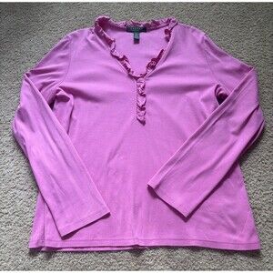 Lauren Ralph Lauren Women's Pink V Neck Top XL Pima Cotton Romantic